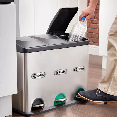 Person using 3 Pack Recycle Stickers For Trash Bins Self Adhesive Waterproof Brushed Silver Compost And Recycling Indoor Outdoor Use For Kitchen Office Garbage Cans