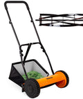 16 Inch 5 Blade Push Reel Lawn Mower With Removable Seven Point Nine Gallon Grass Catcher Sponge Grip And 4 Position Cutting Height Adjustment Steel Walk Behind For Clean Quick Cuts showcasing grass catcher filled with clippings.