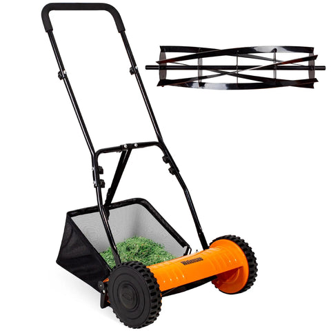 16 Inch 5 Blade Push Reel Lawn Mower With Removable Seven Point Nine Gallon Grass Catcher Sponge Grip And 4 Position Cutting Height Adjustment Steel Walk Behind For Clean Quick Cuts showcasing grass catcher filled with clippings.