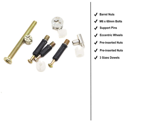Components of the 90 Piece Do It Yourself Friendly Pro Grade Furniture Cam Lock Screws And Barrel Nuts Hardware Kit