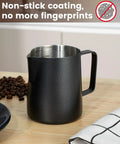12Oz Stainless Steel Milk Frothing Pitcher With V Shaped Spout And Teflon Coating next to coffee beans
