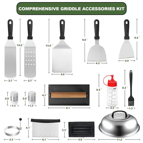 Ultimate 18 Piece Griddle Gear Kit For Flat Top Grills With Enlarged Spatulas Grill Spatula Set and accessories displayed