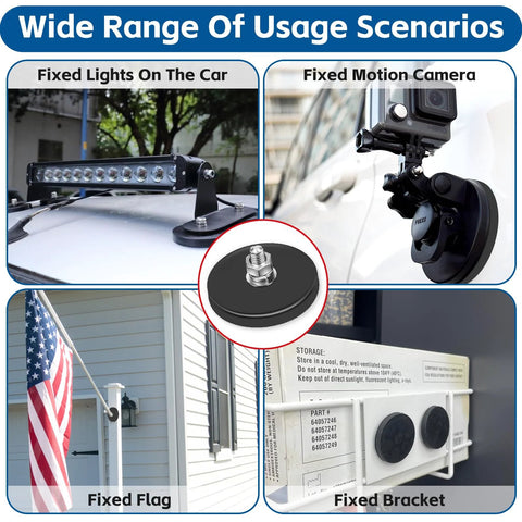 Four-pack rubber-coated neodymium magnets with M6 bolt; anti-scratch base for light bars, cameras, and brackets.