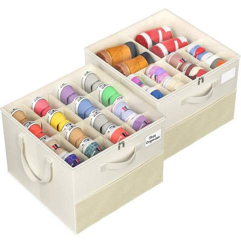 Plus Size 2 Pack Shoe Organizer For Closet Featuring Foldable Fabric Boxes Holds A Massive 24 Pairs Vertically in beige.