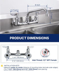 Lead-Free 8" Center Wall Mount Commercial Kitchen Faucet - 8" Swivel Spout with product dimensions and inlet thread specifications.