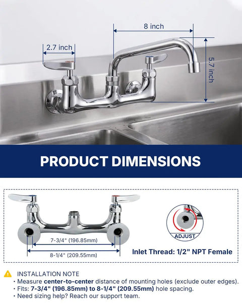Lead-Free 8" Center Wall Mount Commercial Kitchen Faucet - 8" Swivel Spout with product dimensions and inlet thread specifications.