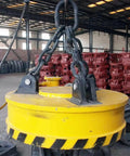 Heavy Duty Hydraulic Magnetic Attachment Self Powered Excavator Job Site Workhorse And Electromagnetic Scrap Lifter in yellow color with chain.