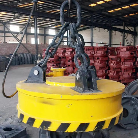 Heavy Duty Hydraulic Magnetic Attachment Self Powered Excavator Job Site Workhorse And Electromagnetic Scrap Lifter in yellow color with chain.