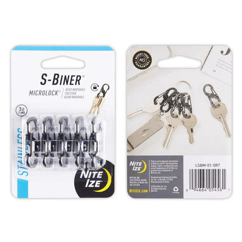 S Biner MicroLock Stainless Steel Key Holder Carabiner Clip Set Of 5 With Locking Gates retail packaging and key usage demonstration