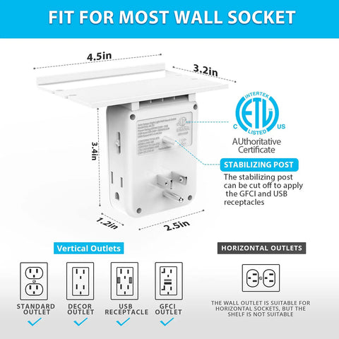 Dimensions of 2 Pack Outlet Shelf Extender With Built In Shelf And Adjustable Night Light 3 Outlets 2 USB Ports Wall Mounted Power Strip Organizer For Phones Tablets E Readers ETL Certified Ideal For Home Office Dorm