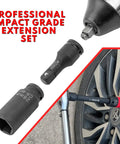 Heavy Duty 3 Piece 3/4 Inch Drive Impact Extension Bar Set With 4 6 And 10 Inch Options Built Like A Tank From Tough As Nails Chrome Molybdenum Steel To Rip Through Rusty Bolts In Tight Engine Compartments, showing extension bars in use on a wheel.
