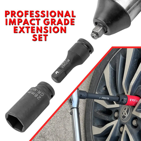 Heavy Duty 3 Piece 3/4 Inch Drive Impact Extension Bar Set With 4 6 And 10 Inch Options Built Like A Tank From Tough As Nails Chrome Molybdenum Steel To Rip Through Rusty Bolts In Tight Engine Compartments, showing extension bars in use on a wheel.