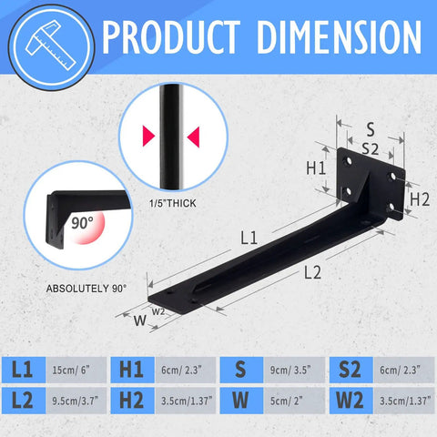 Design diagram of Heavy Duty Corner Shelf Brackets 14 Inch Black Steel One Fifth Inch Thick Max Load 440 Lb Rustic Industrial Right Angle Joint