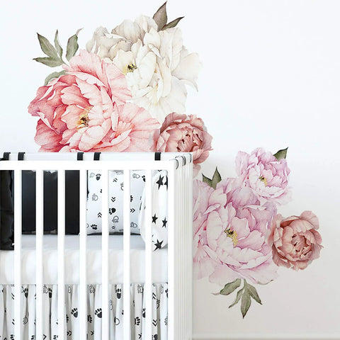 Peony Wall Decals Set For Living Room And Bedroom, Delicate Pink And White Floral Vinyl Stickers near crib, 28.7 x 29.5 inches