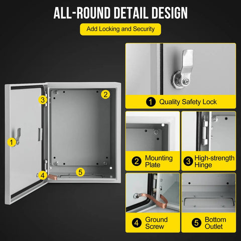 IP66 Waterproof Steel Electrical Enclosure interior with quality safety lock, mounting plate, and ground screw features.