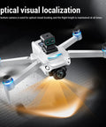 HD Dual Camera FPV Drone With Obstacle Avoidance shown in flight, focusing on bottom camera for optical visual localization
