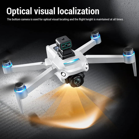 HD Dual Camera FPV Drone With Obstacle Avoidance shown in flight, focusing on bottom camera for optical visual localization