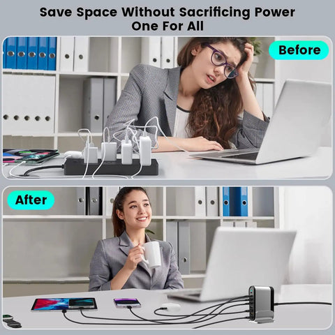 Before and after using Powerhouse 8 Port USB C Fast Charger Dock With 285W Output on a desk with multiple devices charging.