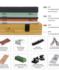 Complete Pro Knife Sharpening Stone Kit With Dual-Sided Whetstones 400/1000 And 3000/8000, accessories, and bamboo base displayed.