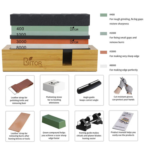 Complete Pro Knife Sharpening Stone Kit With Dual-Sided Whetstones 400/1000 And 3000/8000, accessories, and bamboo base displayed.