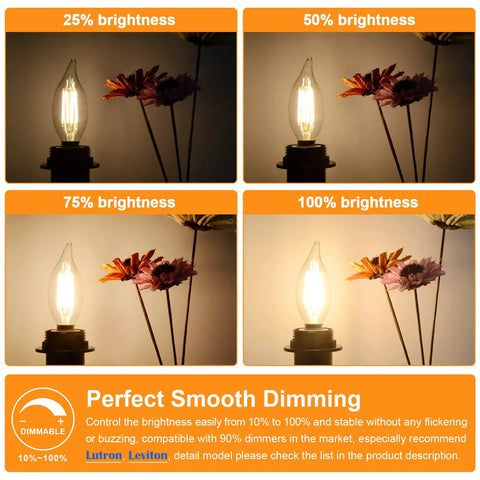 Fully Dimmable E12 Candelabra LED Bulbs 60W Incandescent Equivalent 2700K Warm White Clear Filament Chandelier Light Bulbs 6W 600lm Flame Tip Vintage Ceiling Fan 12 Pack showing smooth dimming levels from 25% to 100% brightness.