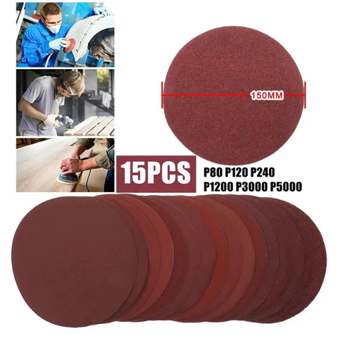 Grab These 15 Pack 6 Inch Grit 60 To 5000 Hook Loop Sanding Paper Discs for wood finishing and metal polishing, featuring various grits.