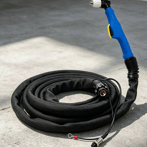 Pro Grade Air Electric Discharge Severing Torch Kit For Slick Steel Cutting, rugged black hose with blue grip handle.