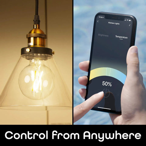 Amber LED Smart Light Bulb Two Pack With WiFi Connectivity app control showing brightness adjustment on smartphone screen