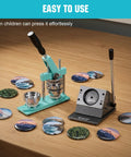 Photo Magnet And Badge Maker Kit With Press, Cutter, And 100 Magnetic Badge Sets on wooden table, easy to use, durable steel tools