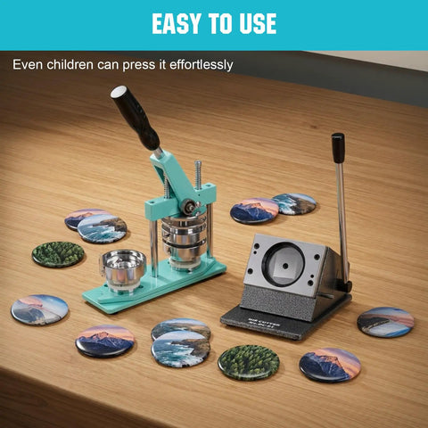 Photo Magnet And Badge Maker Kit With Press, Cutter, And 100 Magnetic Badge Sets on wooden table, easy to use, durable steel tools