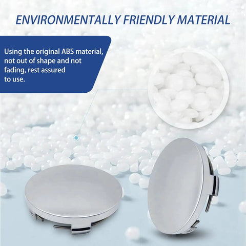 Rock Solid 4 Pack Silver Wheel Center Hub Covers showcasing ABS material beads for durability and eco-friendliness.