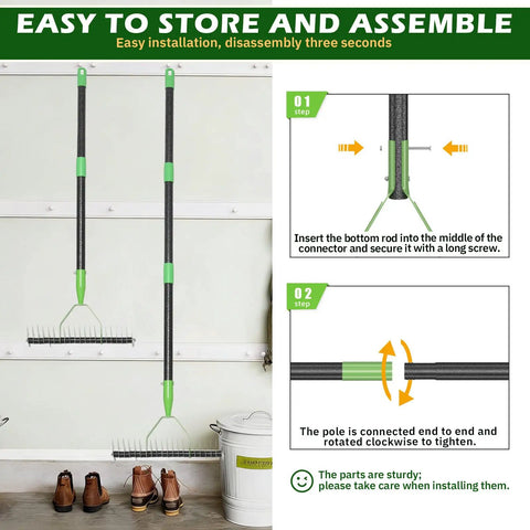 Dual Action Dethatcher Rake With 21 Tines And Adjustable Long Handle From 40 To 70 Inches mounted on wall, assembly steps shown