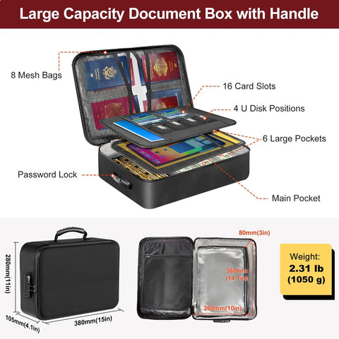 Open Fireproof Document Box With 5200F Heat Resistance, showing compartments and Aluminum Foil Fire Retardant Lining.