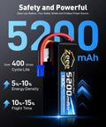 Front view of Race Ready 6S LiPo Battery 5200mAh 22.2V 130C Ultra Low IR Soft Pack with EC5 Connector, showing details.