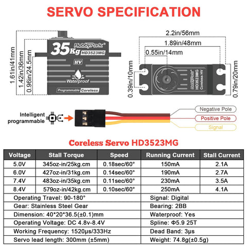 Waterproof and beefy 35kg high torque coreless servo with metal gear in durable aluminum shell for RC cars crawlers trucks and buggies digital servo with 180 degree sweep all terrain ready heat dissipation and long life specifications