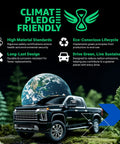 Black climate pledge friendly toy truck with planet Earth background, showcasing sustainability features and eco-conscious message.