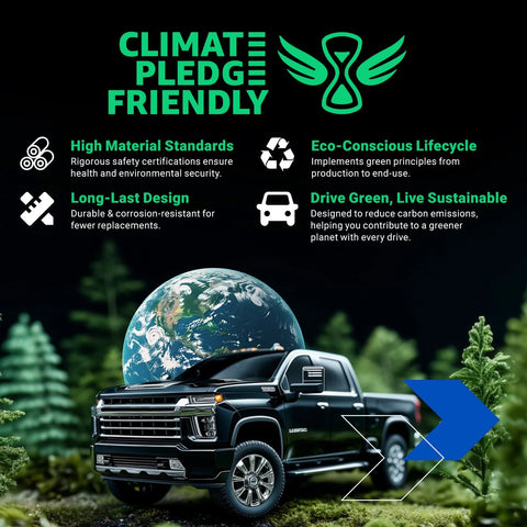 Black climate pledge friendly toy truck with planet Earth background, showcasing sustainability features and eco-conscious message.