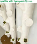 Hydroponic Tower Pipe Cap And Plant Spacer Kit installed on vertical garden pipes with snap-fit connectors in greenhouse setup.