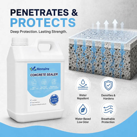 Top Shelf Water Based Concrete Sealer For Pavers And Masonry Surfaces clear bottle with label and concrete surface background.