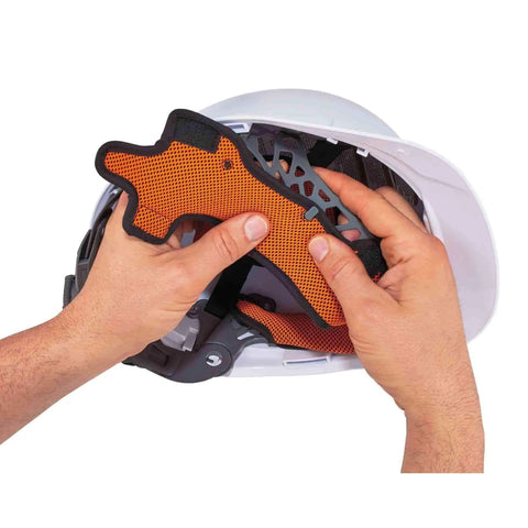 Hands attaching orange Three Pack Skullerz 8984 Hard Hat Sweatband Replacement For Easy On Off Comfort Moisture Wicking inside hard hat