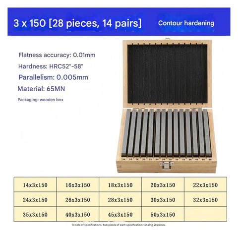 Pro Level Alloy Steel Parallel Gauge Block Set 28 Pieces Precision CNC Milling Setup Pads in wooden box display with sizes.