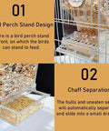 Two Piece Automatic Bird Feeder Kit With Clear Acrylic Hopper And Rock Solid Gravity Valve For Parakeets And Lovebirds showcasing bird perch and chaff separation design.
