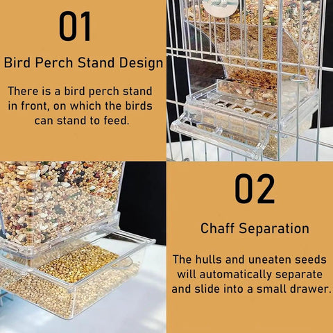 Two Piece Automatic Bird Feeder Kit With Clear Acrylic Hopper And Rock Solid Gravity Valve For Parakeets And Lovebirds showcasing bird perch and chaff separation design.