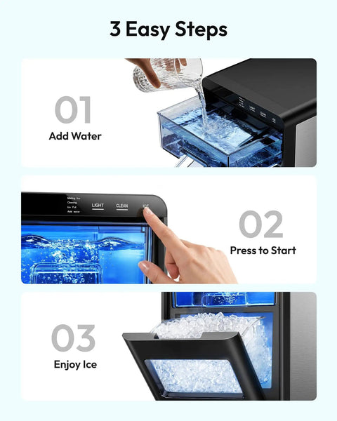 Quick Freeze Countertop Nugget Ice Maker Delivers 44 Pounds Of Soft Sonic Pellet Ice Daily With No Hassle Auto Wash And Smooth Chilling Performance For Everyday Households And Office Crews showing steps to make ice.