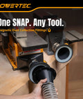 Powertec 4 Inch To 2-1/2 Inch Magnetic Dust Collection Connector With Eight Rare Earth Magnets For Shop Vacuums And Machinery Quick Connect Hose Fitting No Clamps Needed Easy On Off Switching Machines Super Strong Grip with attached hose in workshop.