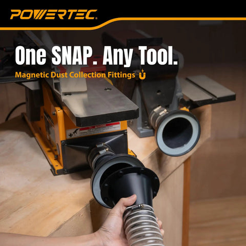 Powertec 4 Inch To 2-1/2 Inch Magnetic Dust Collection Connector With Eight Rare Earth Magnets For Shop Vacuums And Machinery Quick Connect Hose Fitting No Clamps Needed Easy On Off Switching Machines Super Strong Grip with attached hose in workshop.
