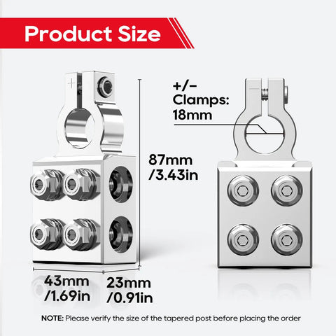 Rig Ready 8 Way Battery Terminal Connector Pair With Positive And Negative Posts Featuring Four Direct Wire Ports Plus M8 Studs dimensions showing 43mm x 87mm size.