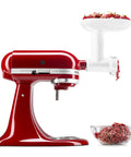 Game Changing Food Grinder And Fresh Prep Slicer Shredder Attachment Bundle For Stand Mixers with ground meat in red mixer