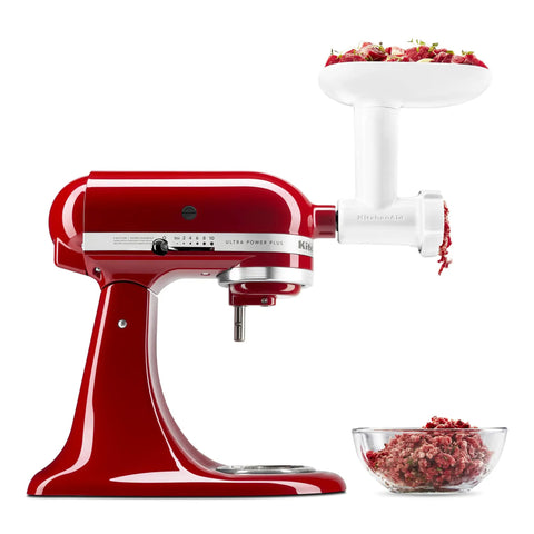 Game Changing Food Grinder And Fresh Prep Slicer Shredder Attachment Bundle For Stand Mixers with ground meat in red mixer