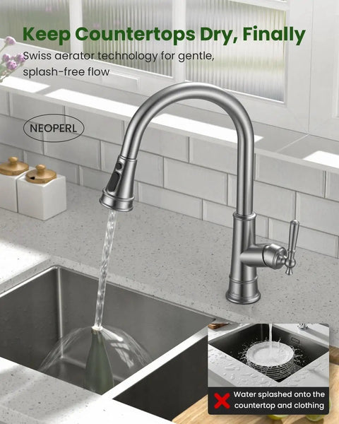 Pull Down Kitchen Faucet With Sprayer, Lead Free, High Arc, Single Handle, Brushed Nickel Finish installed in modern kitchen sink